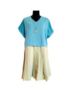 PURPEARL ~ Teal Colored Jersey Top w/Light Green Pleated Skirt Dress size L/XL